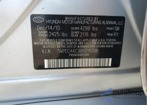 2011 Hyundai Sonata Se from USA, damaged, VIN 5NPEC4AC3BH216508
